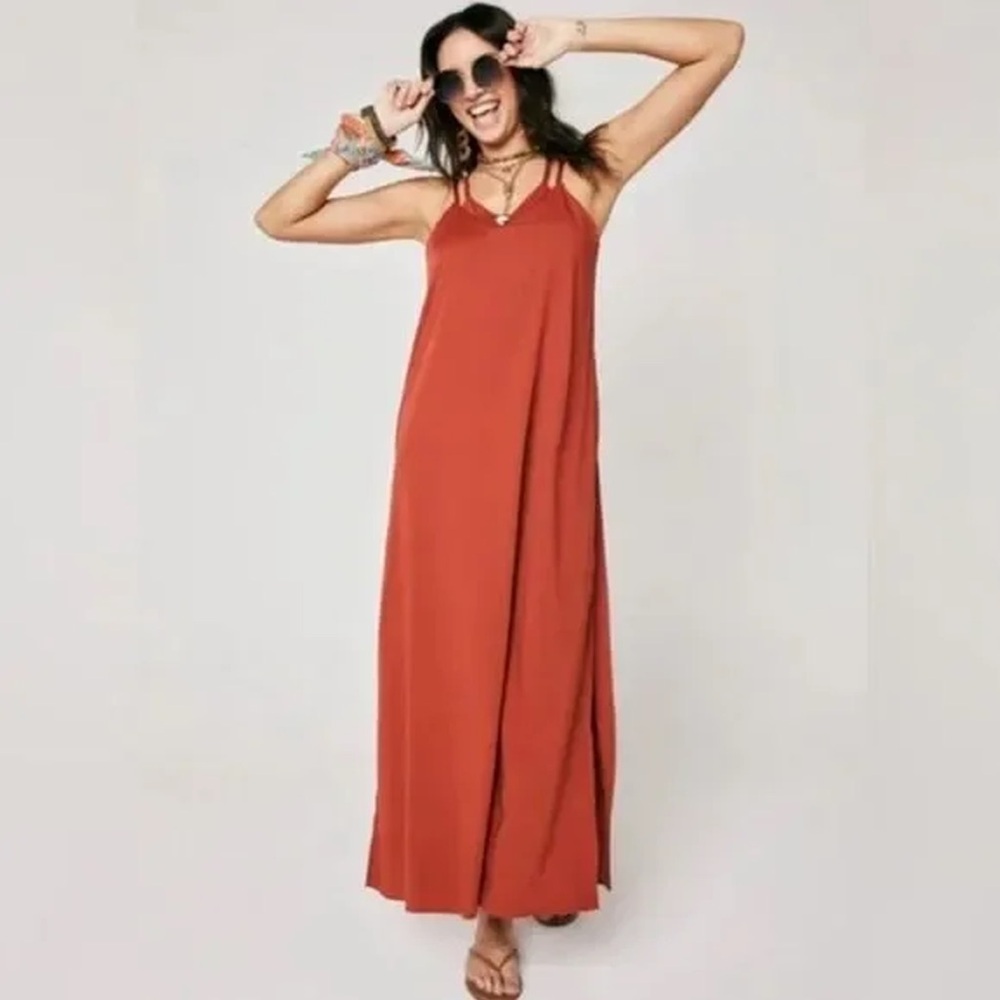Sleeveless Rust Maxi Slip Dress - perfect for fall